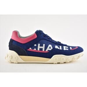 Chanel 18K Navy Blue Pink CC Silver Logo Lace Up Tie Low Top Trainer Sneaker 35